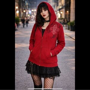 GUESS Red Zip Hoodie Y2K Logo Graphic Size S